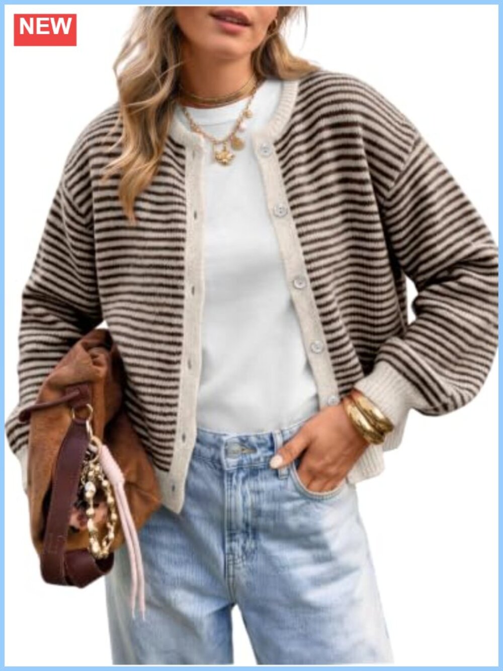 Striped Button Down Cardigan Sweater with Crew Neck and Ribbed Cuffs